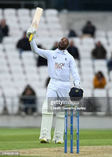 Daniel Bell-Drummond of Kent celebrates reaching his century during the LV= Insurance County Championship match between Yorkshire and Kent at...