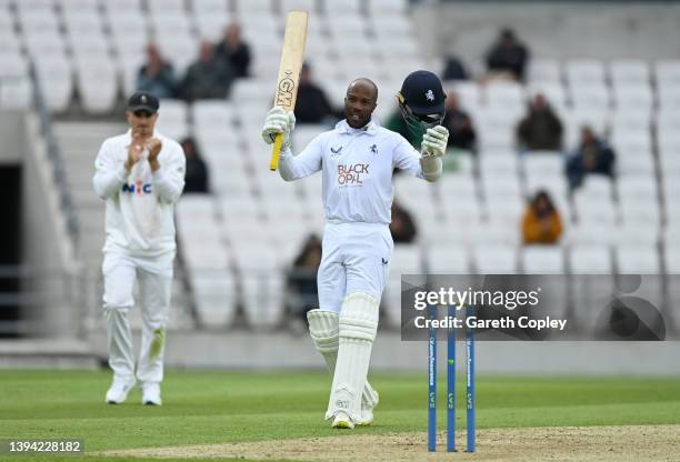 Daniel Bell-Drummond of Kent celebrates reaching his century during the LV= Insurance County Championship match between Yorkshire and Kent at...
