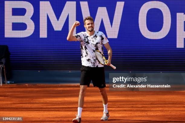 Oscar Otte of Germany celebrates victory after winning his 2nd round match against Reilly Opelka of USA on day six of the BMW Open by American...