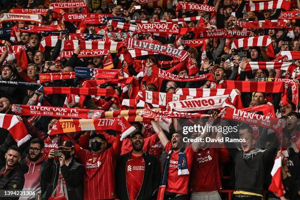 Liverpool supporters hold scarves up and cheer during the UEFA Champions League Semi Final Leg One match between Liverpool and Villarreal at Anfield...