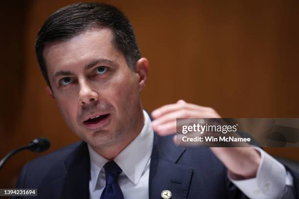 Transportation Secretary Pete Buttigieg testifies before the Senate Subcommittee on Transportation, Housing and Urban Development April 28, 2022 in...