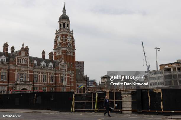 Croydon Town Hall rises in front of derelict land on April 28, 2022 in Croydon, England. The local elections in Croydon to determine all 70 ward...