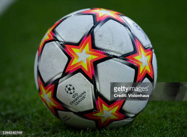The official UEFA Champions League Addidas match ball head of the UEFA Champions League Semi Final Leg One match between Liverpool and Villarreal at...