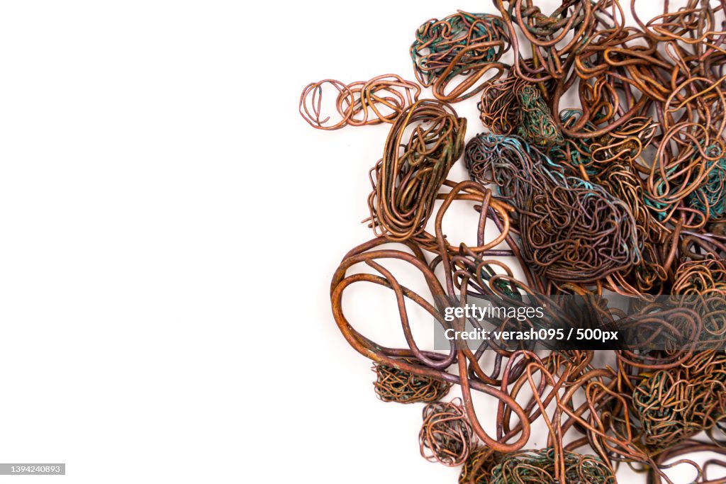 Burned copper wire isolated on white background