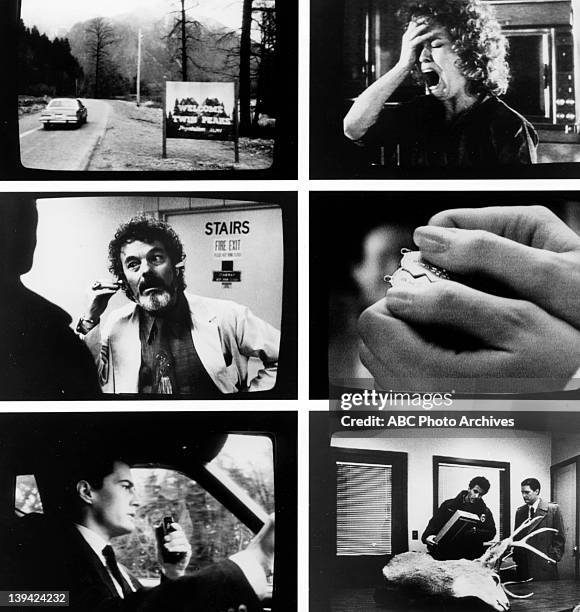 Show Coverage - Shoot Date: April 26, 1990. CLOCKWISE : TWIN PEAKS ROAD SIGN;GRACE ZABRISKIE;HANDS HOLDING TAGS;MICHAEL ONTKEAN AND KYLE...