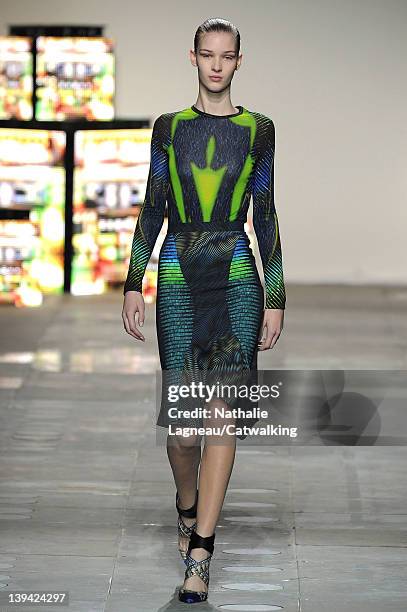 Model walks the runway at the Peter Pilotto Autumn Winter 2012 fashion show during London Fashion Week on February 20, 2012 in London, United Kingdom.