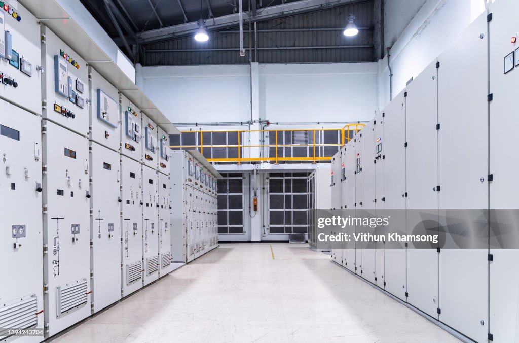 Switchgear electrical energy distribution at substation room, Relay protection system electrical panel, Medium voltage switchgear.Power plant.