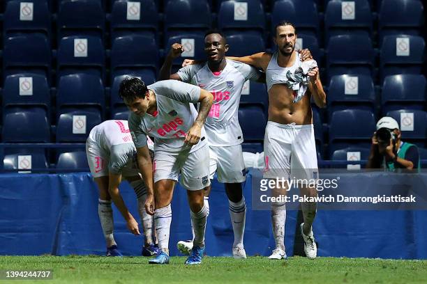 Dejan Damjanovic of Kitchee SC celebrates with his teammates after scoring their second goal against Chiangrai United during the second half of the...