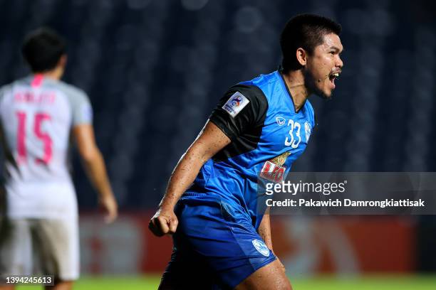 Sarawut Inpaen of Chiangrai United celebrates after scoring his team's second goal against Kitchee SC during the second half of the AFC Champions...