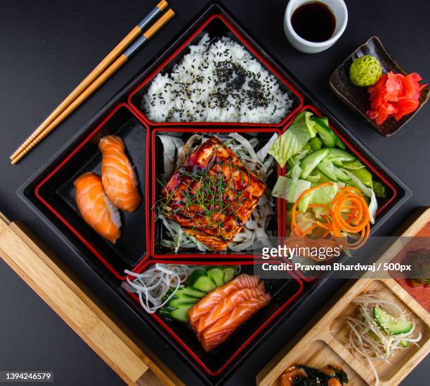 directly above shot of various food in containers on table - bento imagens e fotografias de stock