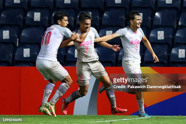 Law Tsz Chun of Kitchee SC celebrates with Cleiton and Ruslan Mingazov after scoring their third goal against Chiangrai United during the second half...