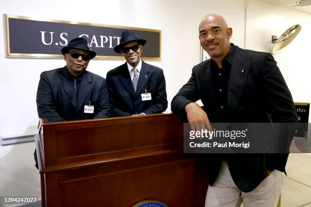 Terry Lewis, Jimmy Jam, and Harvey Mason jr., CEO, Recording Academy attend GRAMMYs On The Hill Advocacy Day on Capitol Hill on April 28, 2022 in...