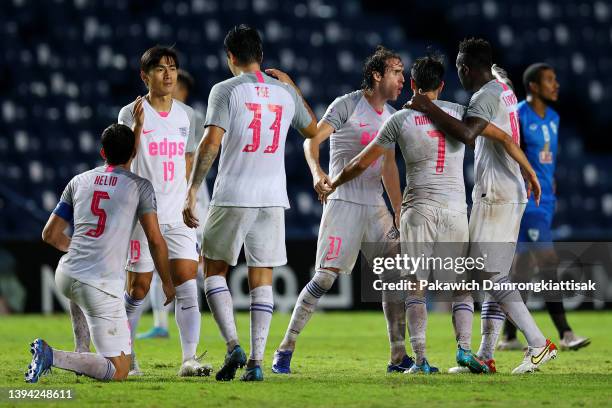 Kitchee SC players celebrate their 3-2 win over Chiangrai United during the AFC Champions League Group J match at Buriram Stadium on April 28, 2022...