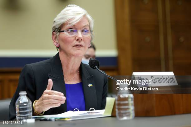 Energy Secretary Jennifer Granholm testifies before the a House Energy and Commerce Committee Energy Subcommittee on April 28, 2022 in Washington,...