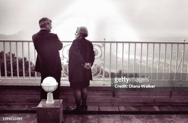 View of German Vice Chancellor Joschka Fischer and US Secretary of State Madeleine Albright as they talk on a balcony, Bonn, Germany, May 6, 1999.
