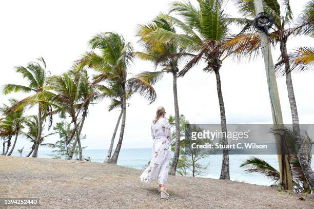 Sophie, Countess of Wessex looks at the view during a visit to Pigeon Island National Landmark with Prince Edward, Earl of Wessex on day seven of...