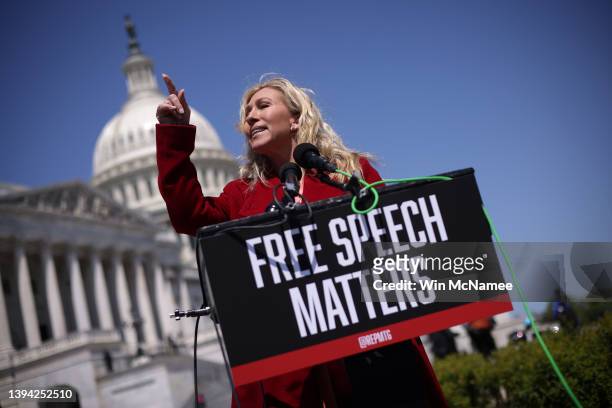 Rep. Marjorie Taylor Greene speaks during a press conference outside the U.S. Capitol April 28, 2022 in Washington, DC. Greene discussed Elon Musk’s...