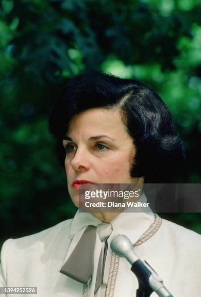 View of San Francisco Mayor Dianne Feinstein as she answers questions during a press conference, North Oaks, June 23, 1984. She had just met with...