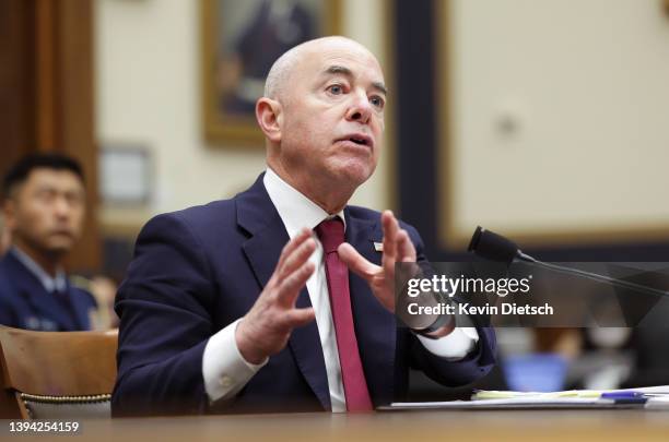 Homeland Security Secretary Alejandro Mayorkas testifies before the House Judicary Committee at the Rayburn House Office Building on April 28, 2022...