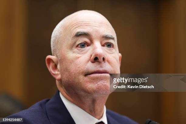 Homeland Security Secretary Alejandro Mayorkas testifies before the House Judicary Committee at the Rayburn House Office Building on April 28, 2022...