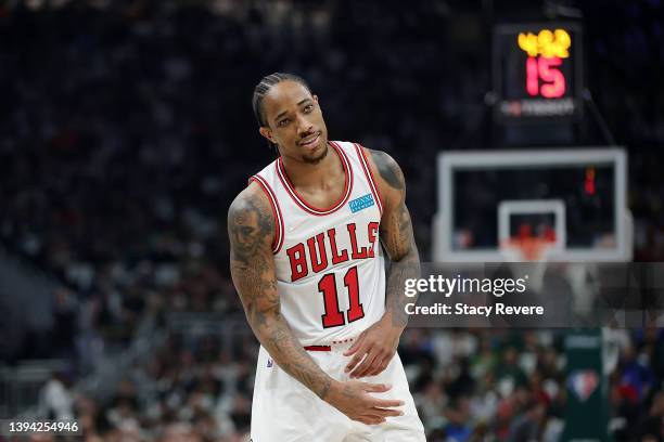 DeMar DeRozan of the Chicago Bulls reacts to an officials call during Game Five of the Eastern Conference First Round Playoffs against the Milwaukee...