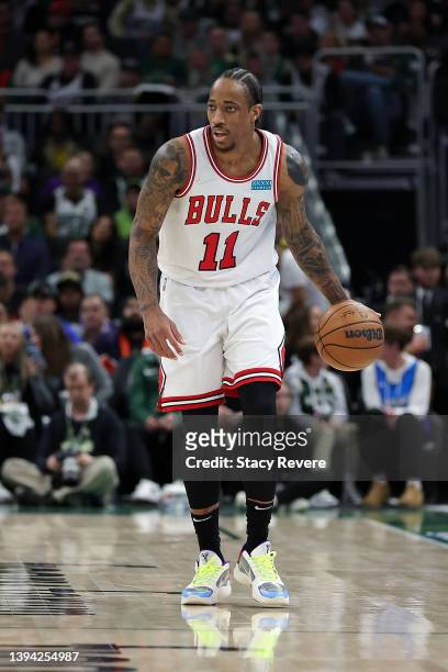 DeMar DeRozan of the Chicago Bulls handles the ball during Game Five of the Eastern Conference First Round Playoffs against the Milwaukee Bucks at...