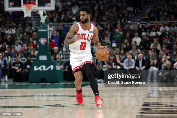 Coby White of the Chicago Bulls handles the ball during Game Five of the Eastern Conference First Round Playoffs against the Milwaukee Bucks at...