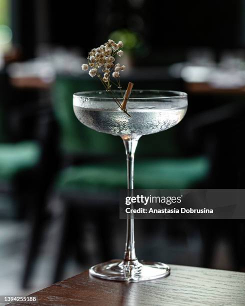 gobelet en verre de cocktail transparent garni de fleurs - gin photos et images de collection