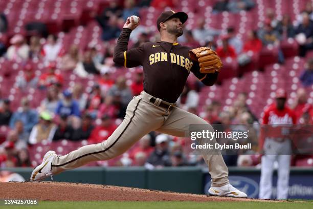 Nick Martinez of the San Diego Padres pitches in the first inning against the Cincinnati Reds at Great American Ball Park on April 28, 2022 in...