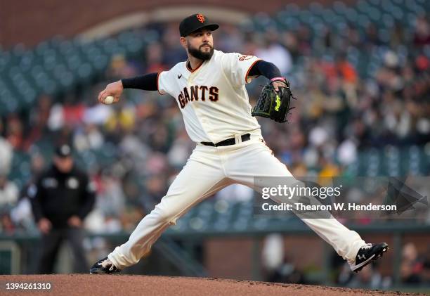 Jakob Junis of the San Francisco Giants pitches against the Oakland Athletics in the top of the second inning at Oracle Park on April 27, 2022 in San...