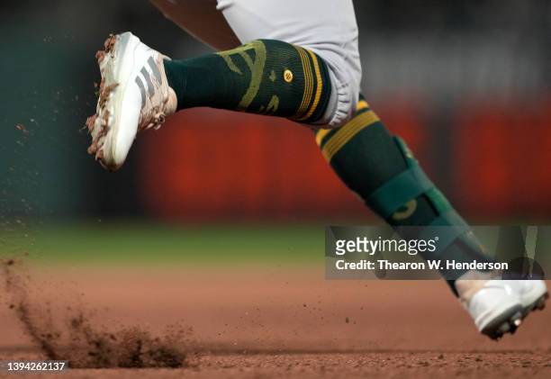 Detailed view of the Adidas baseball cleats worn by Cristian Pache of the Oakland Athletics while running the bases against the San Francisco Giants...