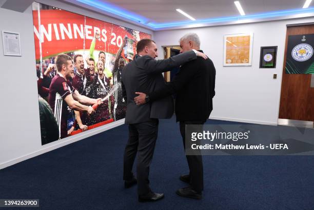 Brendan Rogers, Manager of Leicester City and Jose Mourinho, Head Coach of AS Roma interact inside the tunnel prior to the UEFA Conference League...