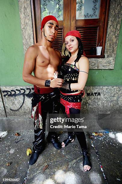 Brazilian revelers pose during Carnival celebrations on February 20, 2012 in Rio de Janeiro, Brazil. Carnival is the grandest holiday in Brazil,...