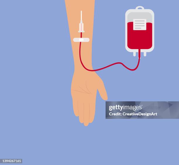 stockillustraties, clipart, cartoons en iconen met blood donation concept with human hand and blood bag. human donating blood. - syringe full of blood