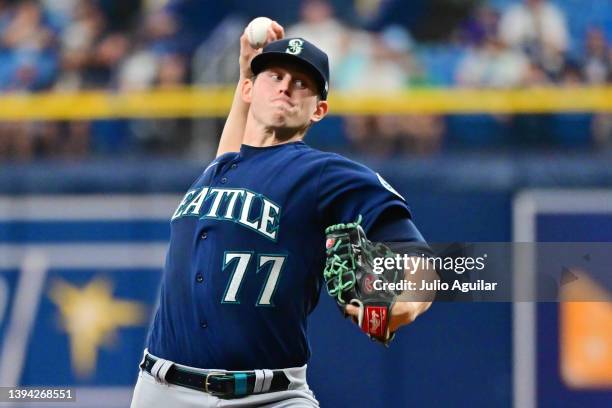 Chris Flexen of the Seattle Mariners delivers a pitch to the Tampa Bay Rays in the first inning at Tropicana Field on April 28, 2022 in St...