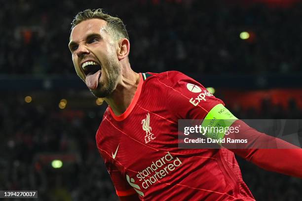 Jordan Henderson of Liverpool celebrates after scoring his team's first goal during the UEFA Champions League Semi Final Leg One match between...