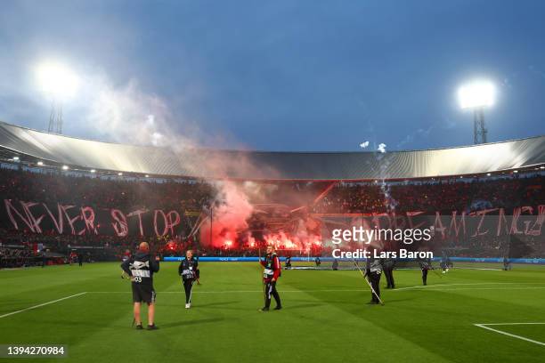 Fans of Feyenoord perform a tifo prior to the UEFA Conference League Semi Final Leg One match between Feyenoord and Olympique Marseille at De Kuip on...