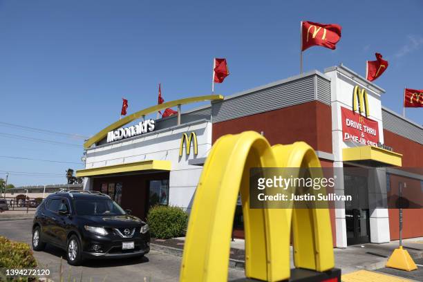 Sign is posted in front of a McDonald's restaurant on April 28, 2022 in San Leandro, California. Fast food chain McDonald's reported...