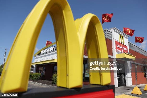 Sign is posted in front of a McDonald's restaurant on April 28, 2022 in San Leandro, California. Fast food chain McDonald's reported...