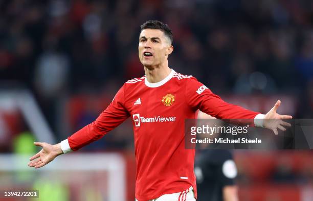 Cristiano Ronaldo of Manchester United reacts during the Premier League match between Manchester United and Chelsea at Old Trafford on April 28, 2022...