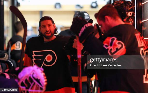 Nate Thompson of the Philadelphia Flyers walks down the players tunnel prior to warm-ups against the Pittsburgh Penguins at the Wells Fargo Center on...