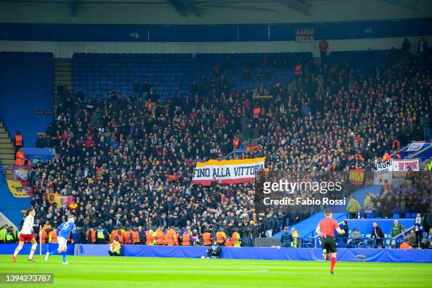 Roma fans during the UEFA Conference League Semi Final Leg One match between Leicester City and AS Roma at The King Power Stadium on April 28, 2022...