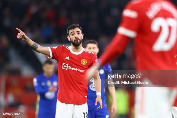 Bruno Fernandes of Manchester United gives their team instructions during the Premier League match between Manchester United and Chelsea at Old...