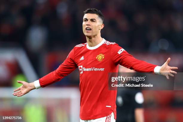 Cristiano Ronaldo of Manchester United reacts during the Premier League match between Manchester United and Chelsea at Old Trafford on April 28, 2022...