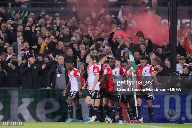 Cyriel Dessers of Feyenoord celebrates with teammates after scoring their team's first goal during the UEFA Conference League Semi Final Leg One...