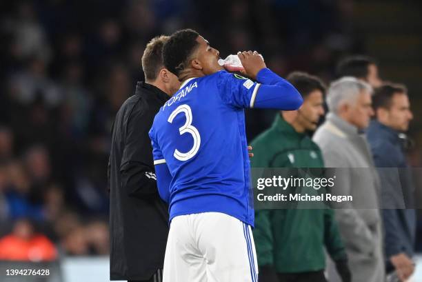 The game is halted to allow Wesley Fofana of Leicester City to break their fast during Ramadan during the UEFA Conference League Semi Final Leg One...