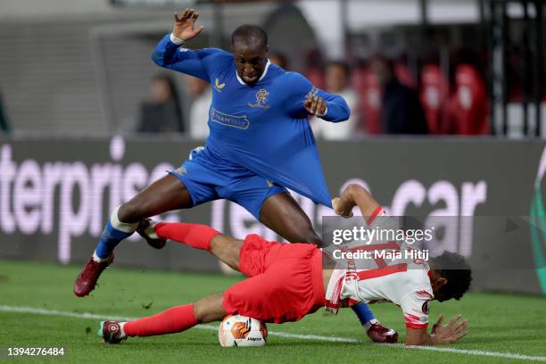 Glen Kamara of Rangers battles for possession with Willi Orban of RB Leipzig during the UEFA Europa League Semi Final Leg One match between RB...