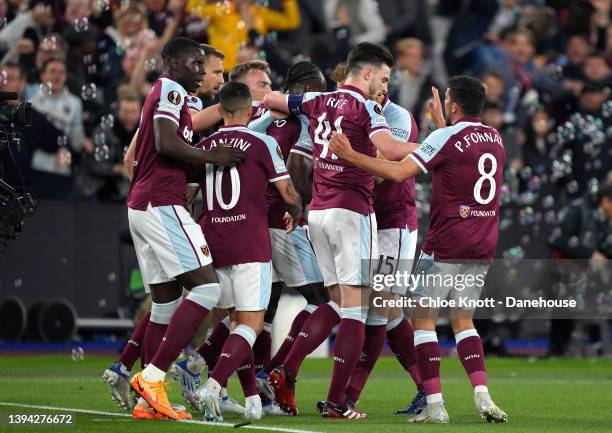 Michail Antonio of West Ham United celebrates scoring his teams first goal during the UEFA Europa League Semi Final Leg One match between West Ham...