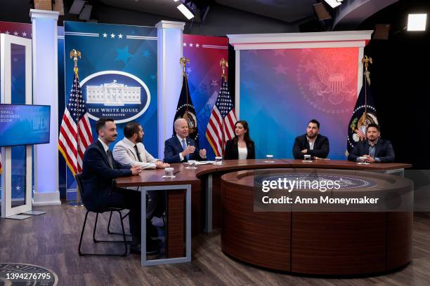 President Joe Biden gives remarks before meeting with small business owners in the South Court Auditorium of the White House on April 28, 2022 in...