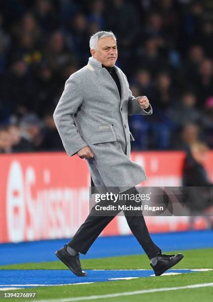 Jose Mourinho, Head Coach of AS Roma reacts during the UEFA Conference League Semi Final Leg One match between Leicester City and AS Roma at The King...